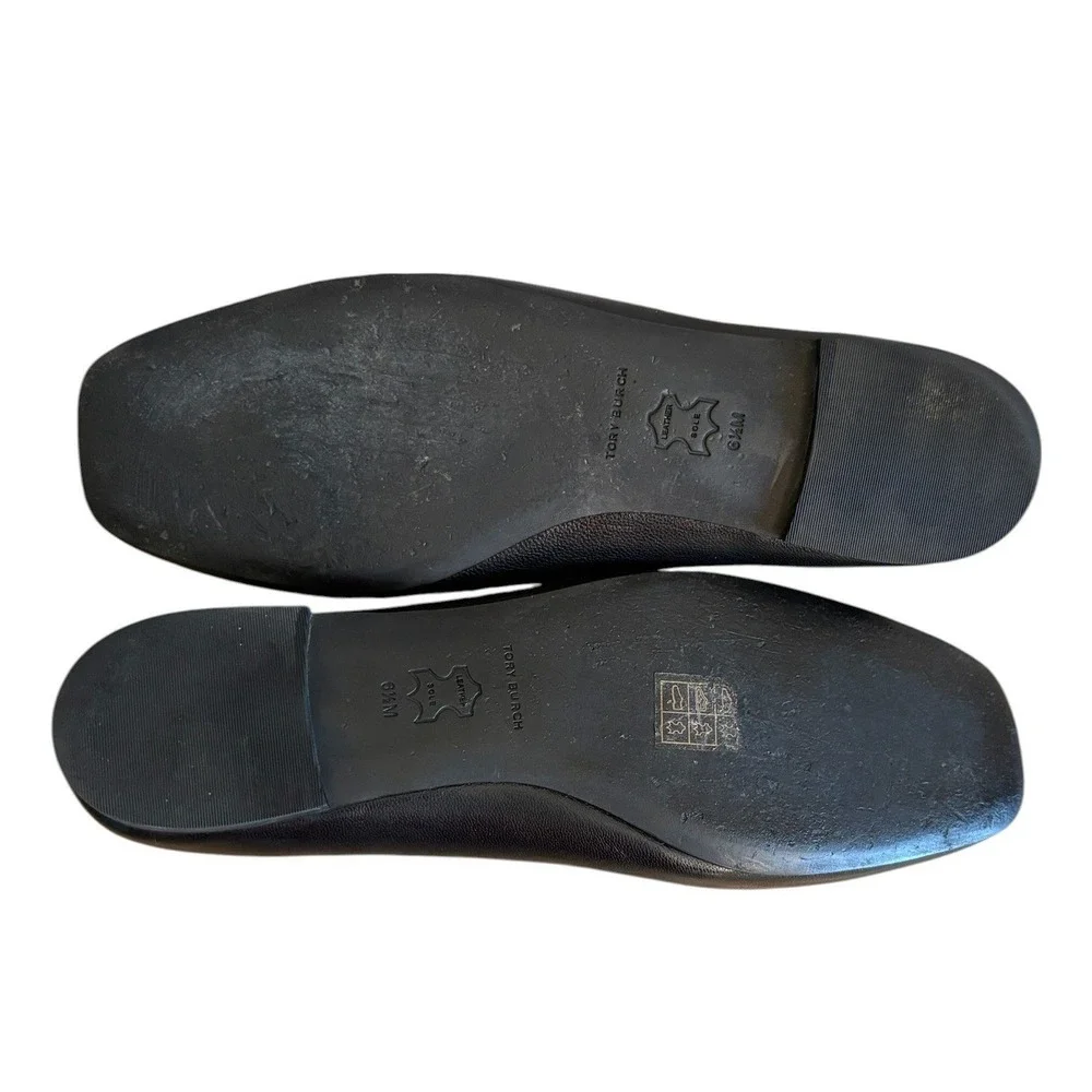 Tory Burch Georgia Ballet Flats Black Leather Gold Logo‎ Square Toe 6.5M